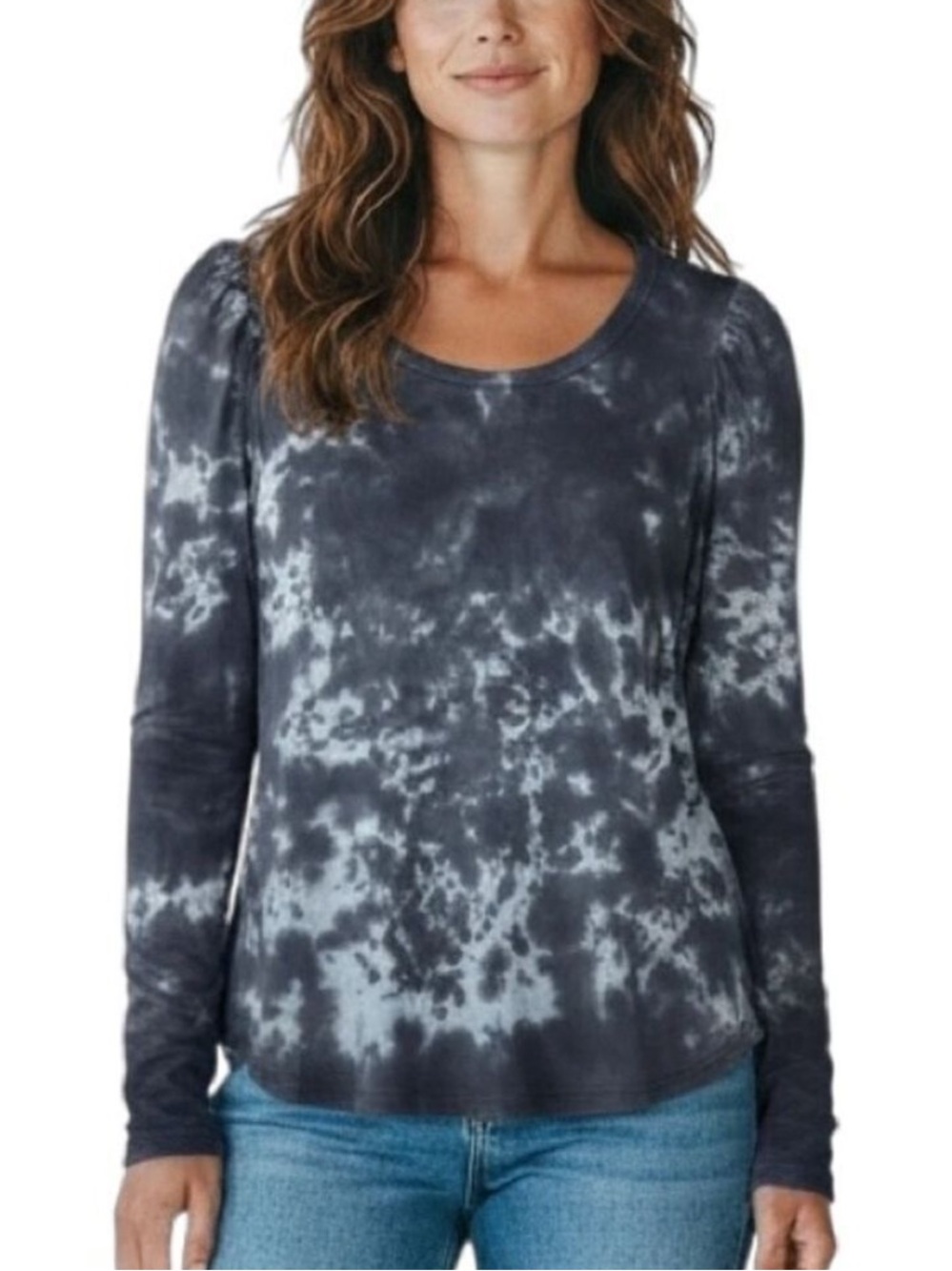 Sundays Casual Cotton Relaxed Tie Dye Round Neck Long Sleeve Top XS Blue NWT